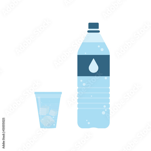 Plastic bottle of pure water with lable and drop on it. Plastic cup of water with ice cubes. Set. Vector illustration