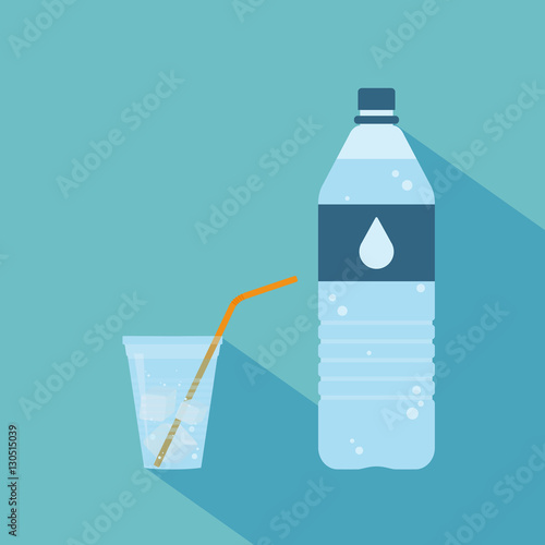 Plastic bottle of pure water with lable and drop on it. Plastic cup of water with ice cubes and orange straw. Set. Vector illustration