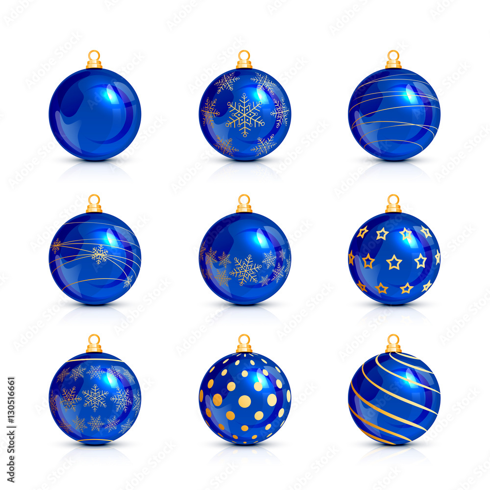 Set of blue Christmas balls with golden pattern Set of blue Christmas balls with golden pattern