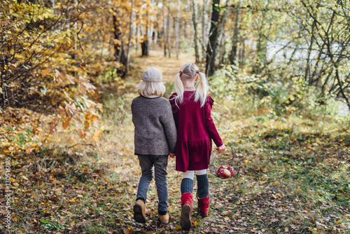 Hansel and Gretel, Boy and girl walking alone in the forest photo