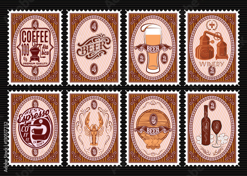 vector set of postage stamps Template with various drinks