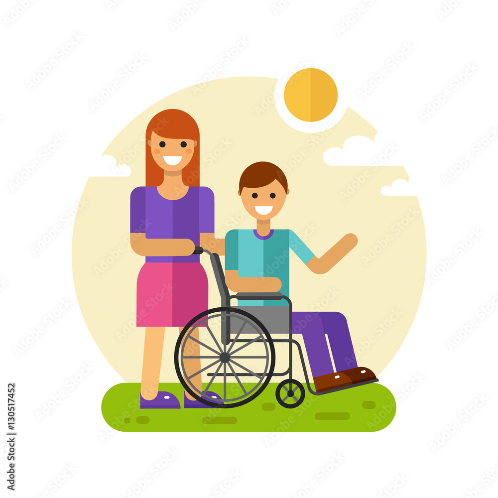 Vector flat design illustration of young smiling woman or friend on a walk with disabled young men waving in wheelchair in sunny day. Disability person and social worker concept for banner or web Vector flat design illustration of young smiling woman or friend on a walk with disabled young men waving in wheelchair in sunny day. Disability person and social worker concept for banner or web