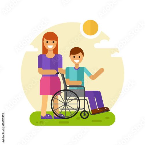 Vector flat design illustration of young smiling woman or friend on a walk with disabled young men waving in wheelchair in sunny day. Disability person and social worker concept for banner or web