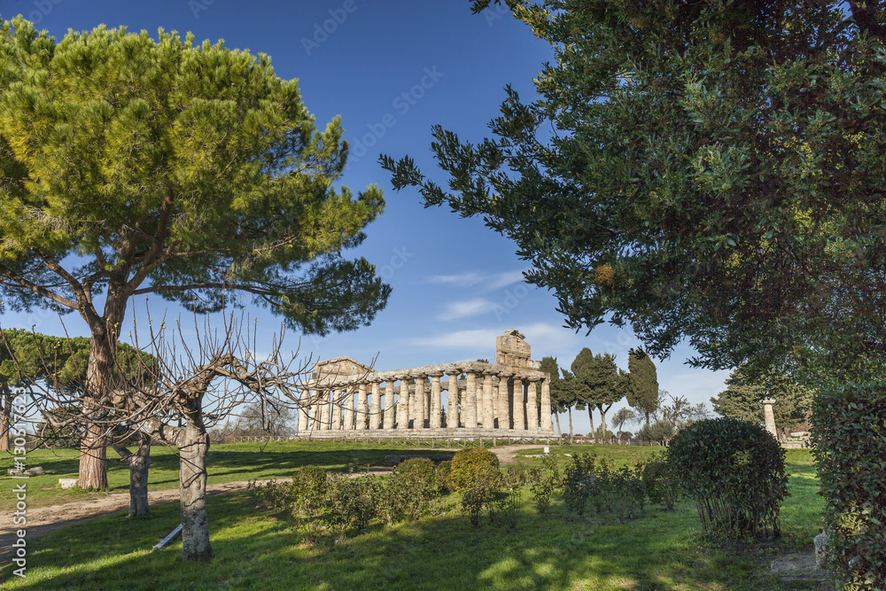 Large view of the Athena greek temple, in Paestum, Salerno, Italy