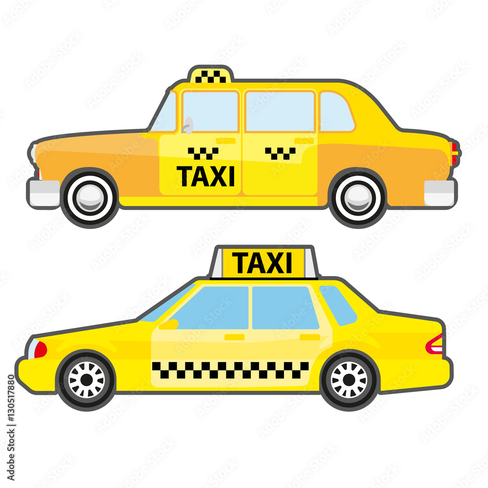 Set of car taxi service, side view. Yellow vehicle transport cab for city. Set of car taxi service, side view. Yellow vehicle transport cab for city.