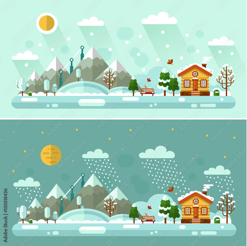 Flat design vector Day and Night nature winter landscapes illustration with cartoon house, bench, sun, mountains, moon, star, bird, cloud, tree, snow, snowfall, snowdrift, icicles.