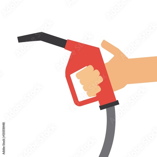 hand holding a gas pump nozzle icon over white background. colorful design. vector illustration