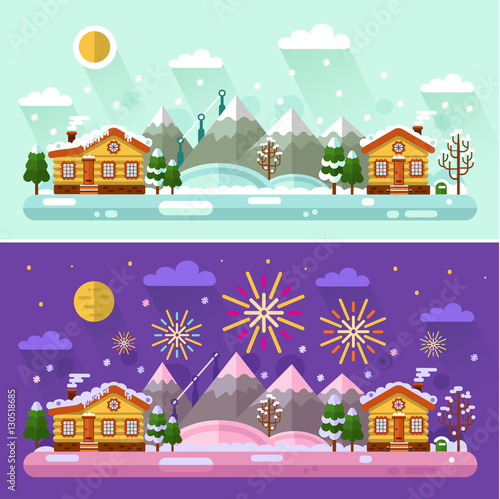 Flat design vector Day and Night winter landscape illustration with sky full of firework lights, cartoon village, sun, moon, snowfall, mountain. Happy Holidays and Merry Christmas concept.