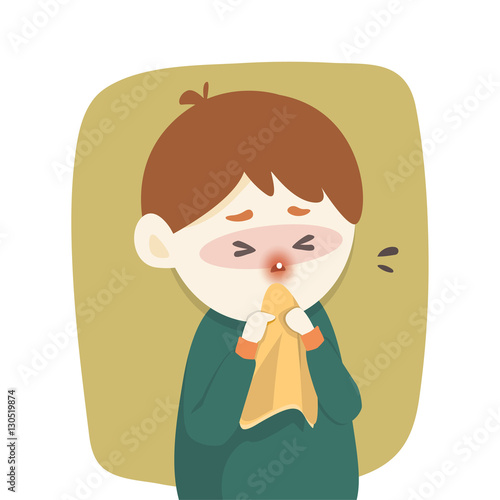 Sick boy has runny nose, caught cold. sneezing into Tissue, flu, Allergy season, Vector illustration