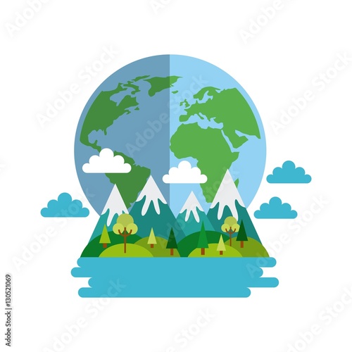mountains landscape and earth planet icon over white background. colorful design. vector illustraiton