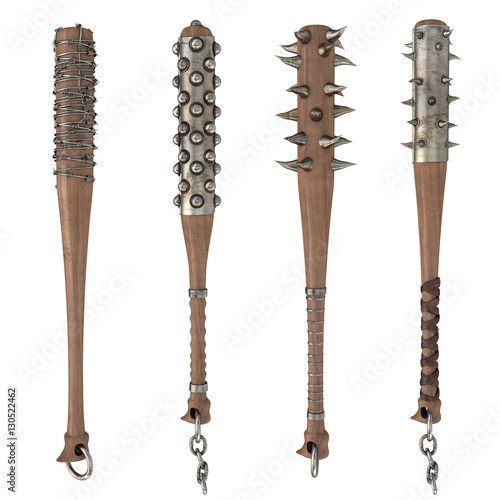 mace weapon of wood with metal spikes and wires on an isolated white background. 3d illustration photo