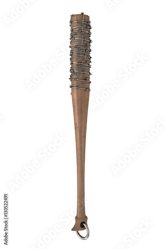 mace weapon of wood with metal spikes and wires on an isolated white background. 3d illustration