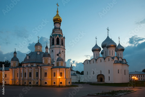 Kremlin square in night with Alexander Nevsky Church, Belfry Sophia Cathedral, Holy Resurrection Cathedral in Vologda, Russia