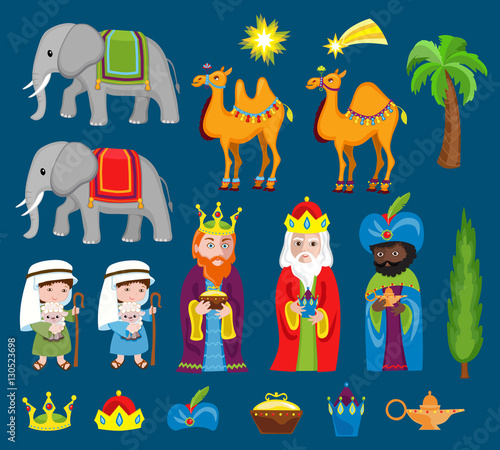 Three Wise kings bring gifts to Jesus on Christmas. Set of Christmas scene elements.