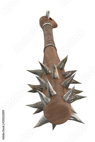 mace weapon of wood with metal spikes and wires on an isolated white background. 3d illustration