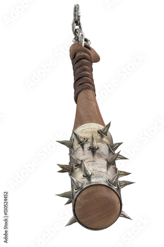 mace weapon of wood with metal spikes and wires on an isolated white background. 3d illustration
