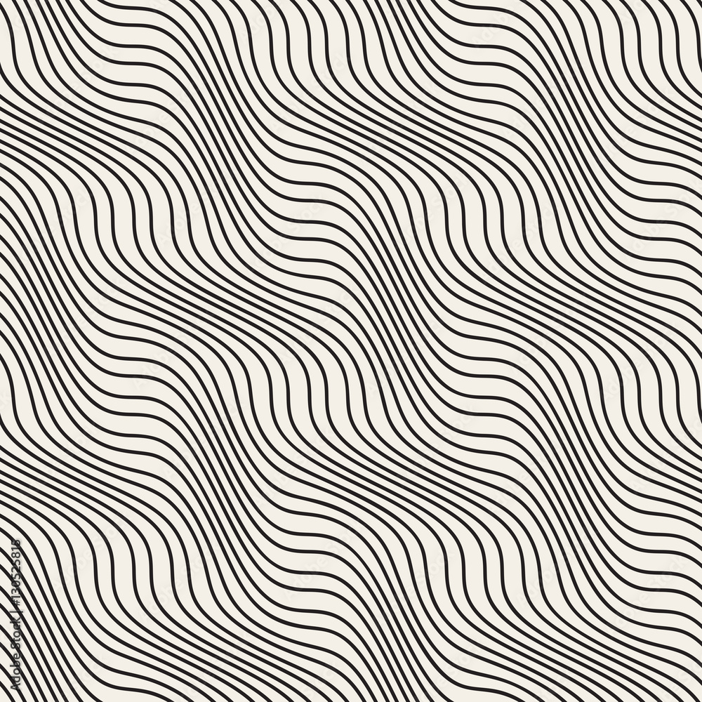 Wavy Ripple Stripes. Vector Seamless Black and White Pattern.