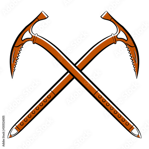 Climbing ice ax, crossing. The sharp end. Shading, isolated on white. Color. Tourist equipment for climbing the mountain. For logos and designs. Vector.