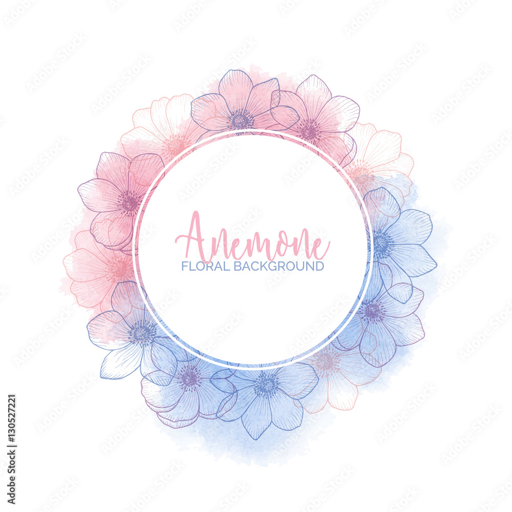 Watercolor floral wreath with flower anemones of color 2016 Rose Quartz and Serenity, pink and blue watercolour template for invitation, greeting card, wedding, save the date, hand drawn vector design