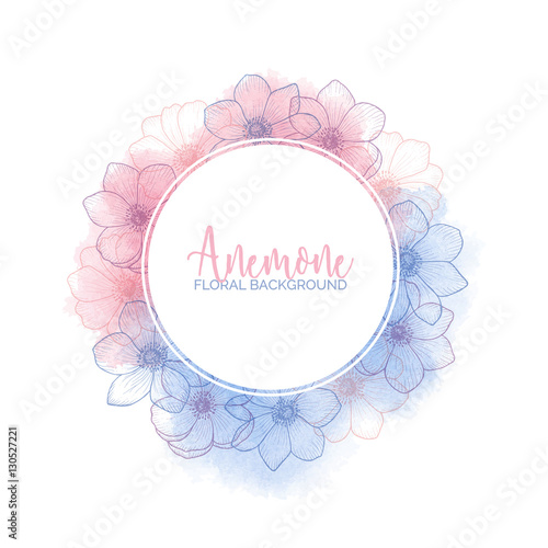 Watercolor floral wreath with flower anemones of color 2016 Rose Quartz and Serenity, pink and blue watercolour template for invitation, greeting card, wedding, save the date, hand drawn vector design