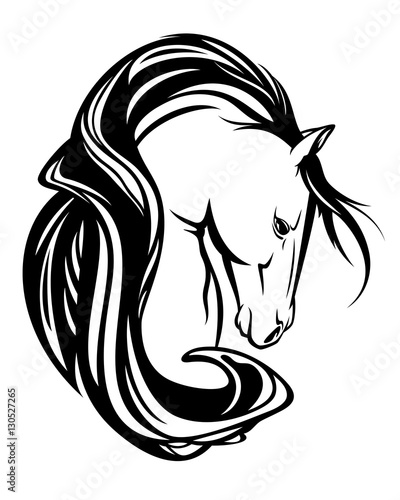 horse head with long mane black and white vector design