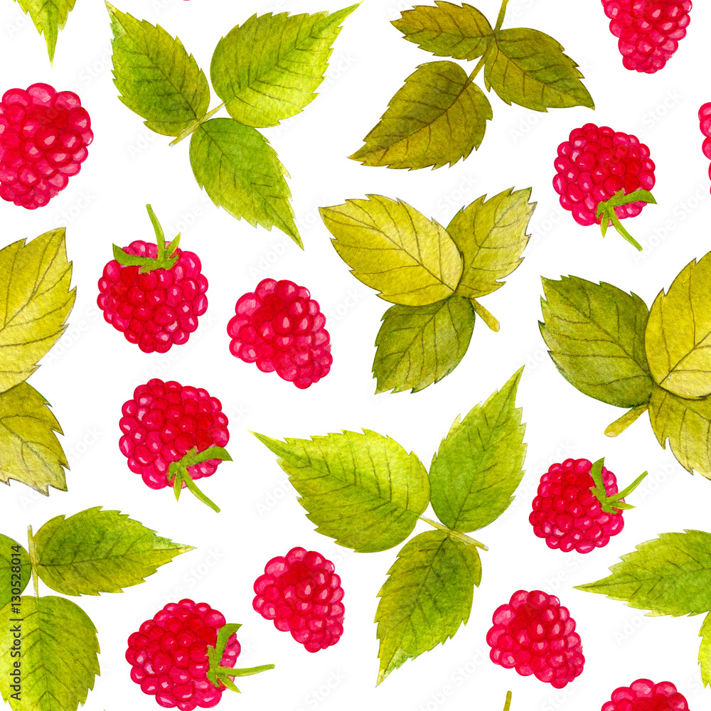 Seamless pattern with green leaf and raspberries. Colorful illustration. Watercolor handpainted texture on white background for wallpaper, blogs,cover Seamless pattern with green leaf and raspberries. Colorful illustration. Watercolor handpainted texture on white background for wallpaper, blogs,cover