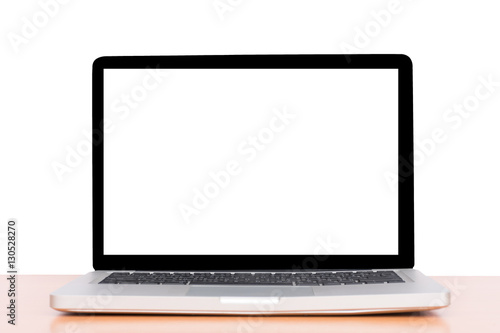 nootbook on the wood, White background, clipping path