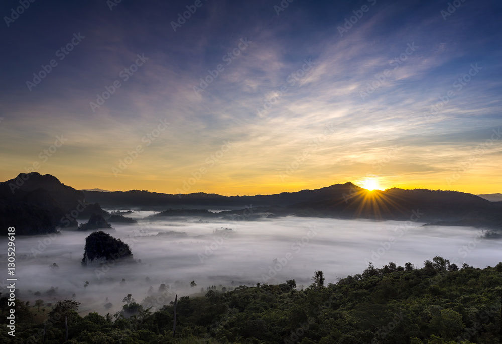 Sunrise and Mist, Doi Phulangka at sunrise, Province Phayao, Thailand