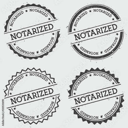 Notarized insignia stamp isolated on white background. Grunge round hipster seal with text, ink texture and splatter and blots, vector illustration.