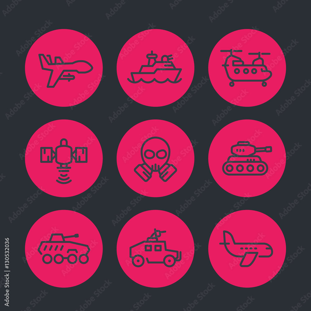 Fototapeta premium army line icons set, armoured fighting vehicles, drone, aviation, navy, satellite, heavy-lift helicopter