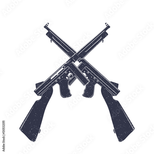 american submachine guns over white, two crossed retro firearms
