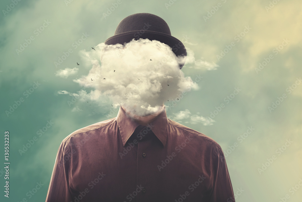 head in the clouds minimalist concept - obrazy, fototapety, plakaty 