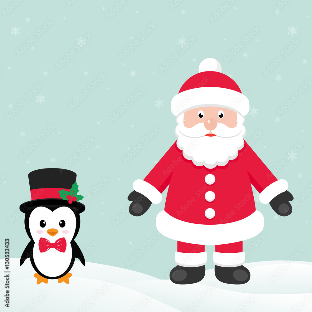 cute penguin with snow and santa claus