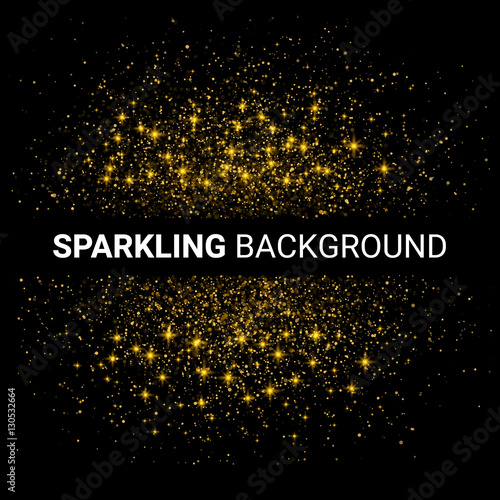 Vector luxury black background with gold sparklers template for your text. Glitter particles effect. Vector Illustration