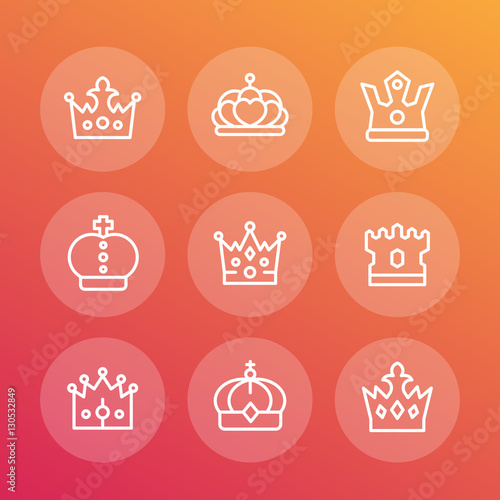 crowns line icons set, royalty, king, monarch, sovereign, tzar, queen, princess coronet