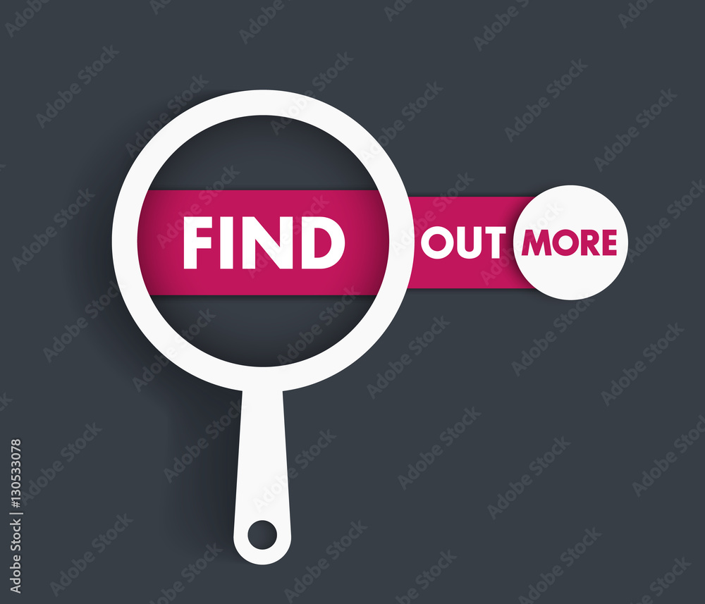 Find out more, loupe with red banner on dark gray Find out more, loupe with red banner on dark gray