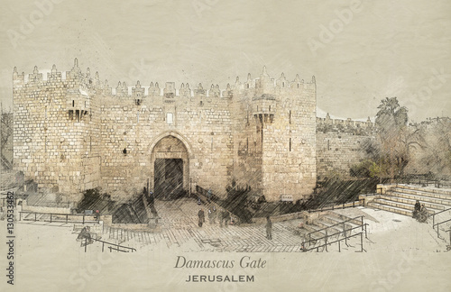 Sketch of Damascus Gate, Jerusalem