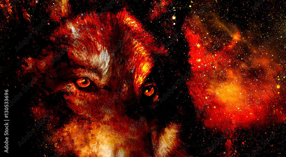 Fototapeta magiczny kosmiczny wilk, wielokolorowy kolaż komputerowy. Ogień kosmiczny.