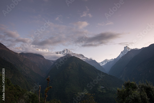 View from Chomrong  Annapurna mountain range in the reflection of sunrise at Himalaya Nepal