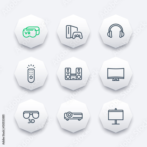home entertainment system line icons set, virtual reality glasses, multimedia projector, 3d video, curved tv, audio speakers, headset, game console, vector illustration