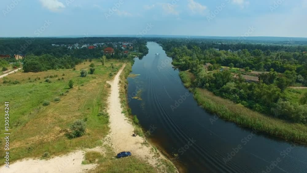 Flying drones over the river. Aerial survey Flying drones over the river. Aerial survey