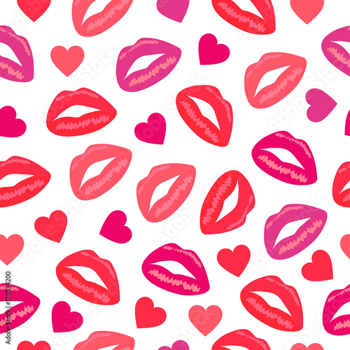 Primitive seamless retro pattern with different lips and hearts