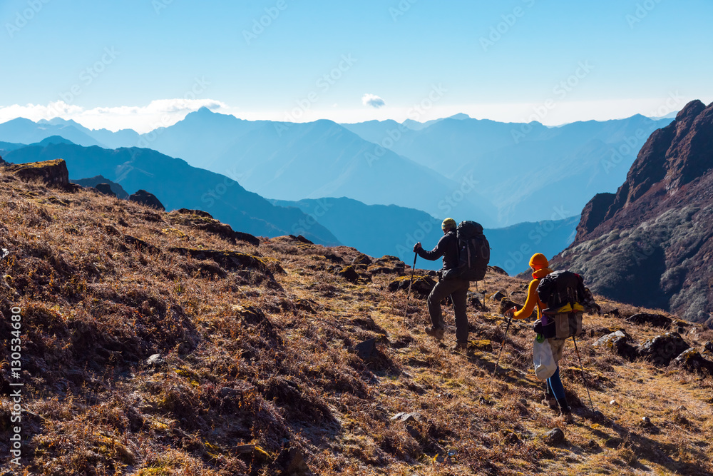 Hikers with Backpacks walking on grassy heel in Mountains