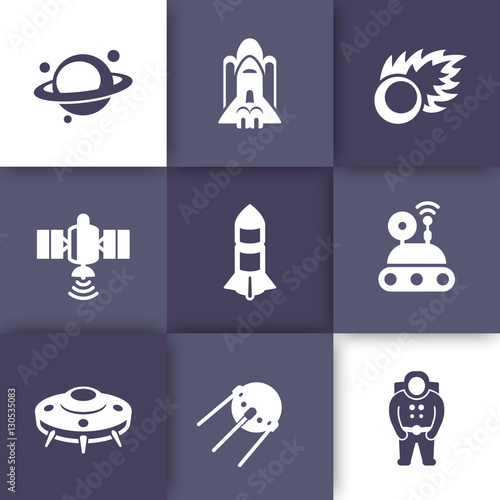 Space icons set, planet with asteroid belt, comet, astronaut, UFO, satellite, space probe, shuttle, rocket