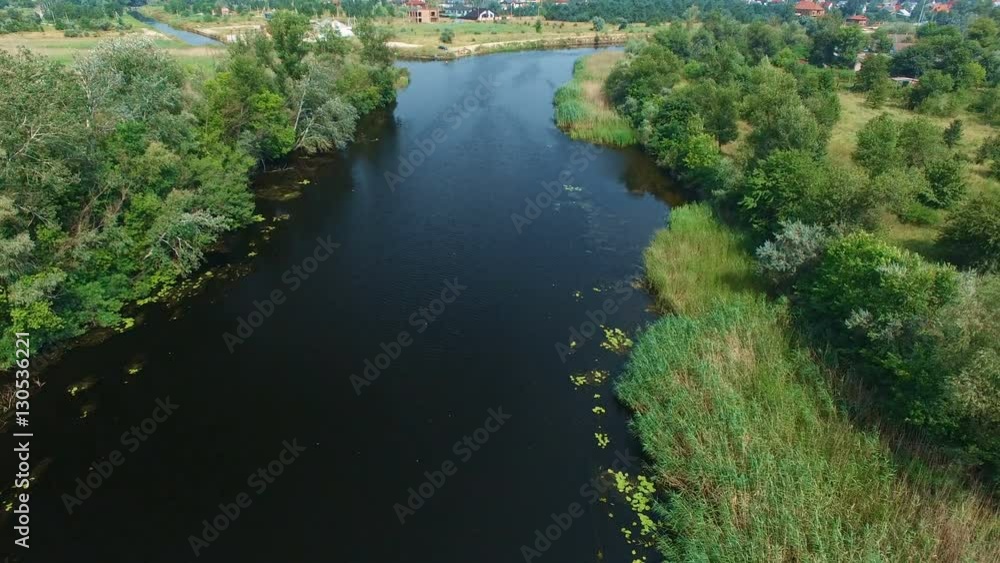 Flying drones over the river. Aerial survey Flying drones over the river. Aerial survey
