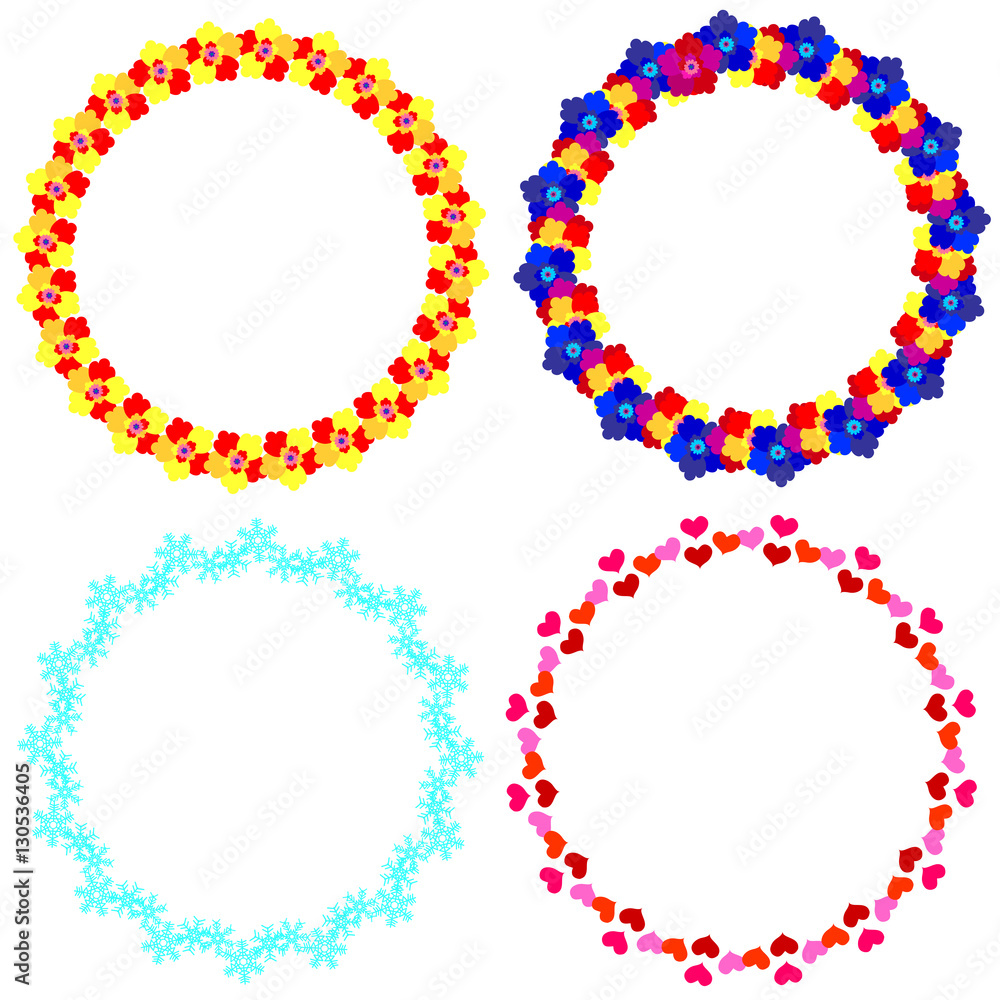 Set of decorative frames on a white background: from flowers, snowflakes and hearts, isolated. Set of decorative frames on a white background: from flowers, snowflakes and hearts, isolated.