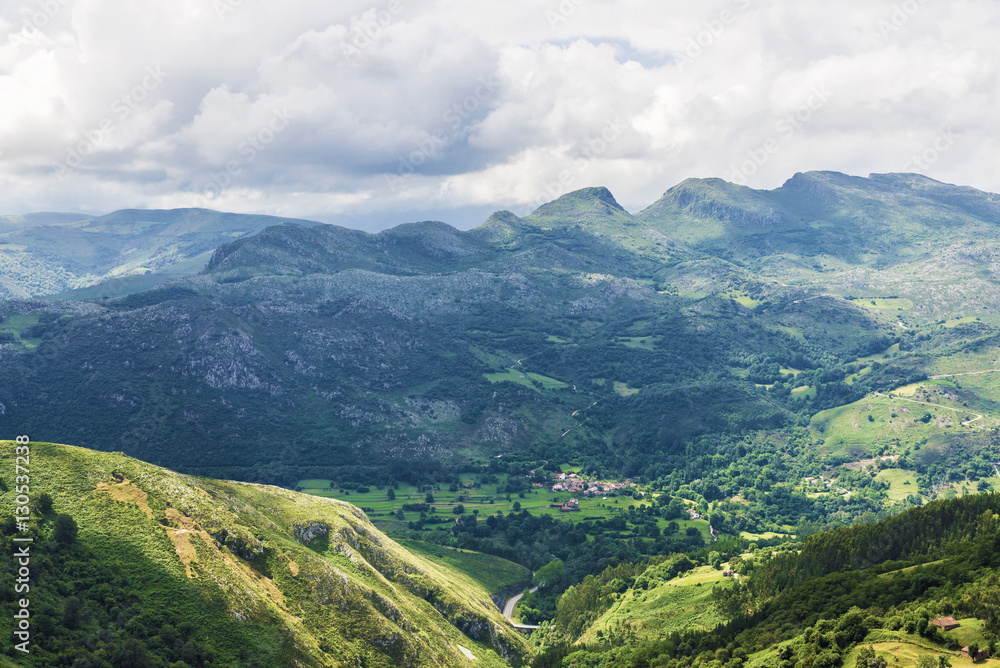 Landscape of mountains and meadows in Cantabria, Spain