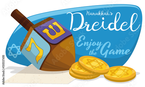 Wooden Dreidel with Golden Gelt Coins for Hanukkah Games, Vector Illustration