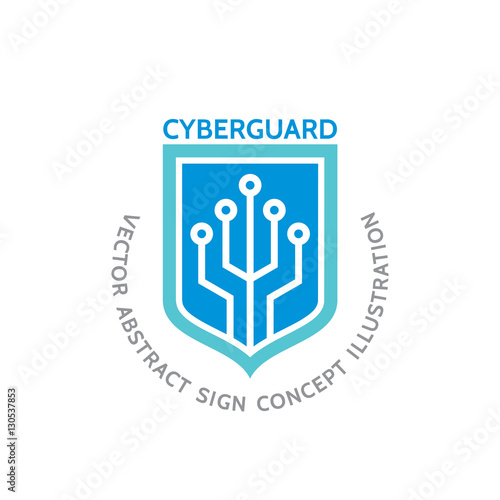 Cyber guard - vector logo template concept illustration. Shield and electronic computer chip creative sign. Protection antivirus symbol. Design element.