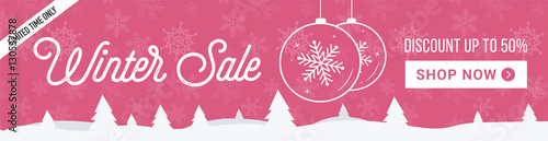 Winter sale horizontal banner. Pink, gentle banner with snowflakes background